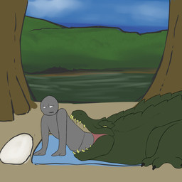 4_fingers 4_toes abdominal_bulge ambiguous_gender animated_gif anthro anthro_pred belly big_belly black_claws claws duo exclamation_point fangs feet feet_first finger_claws fingers forest grass green_body green_scales hand_behind_head human_prey licking lying narrowed_eyes naughty_face neck_bulge on_back oral_vore outside partially_inside plant scales scalies_eating_humans sharp_teeth size_difference smile smirk soft_vore struggling swallowing tail teeth thick_tail thick_thighs toe_claws toes tongue tongue_out tree vore azathura anon alligator alligatorid crocodilian human mammal reptile scalie 1:1 2016 2d_animation animated digital_media_(artwork) frame_by_frame short_playtime