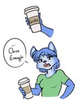 anthro beverage blue_body blue_fur cheek_tuft clothing coffee coffee_cup container cup dialogue facial_tuft fangs female fur half-closed_eyes humor misspelling narrowed_eyes open_mouth shirt simple_background solo speech_bubble t-shirt teeth text topwear tuft white_background freckles_(artist) nintendo star_fox starbucks krystal_(star_fox) canid canine fox mammal 2022 comic english_text