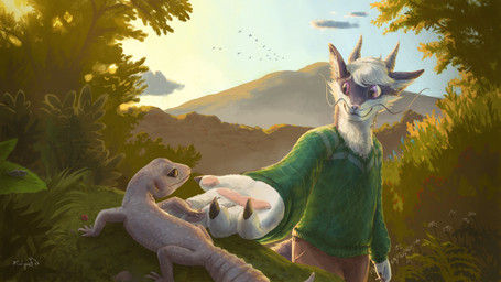 anthro black_body black_claws black_eyes black_fur bottomwear claws clothing detailed_background duo eye_contact feral flower fur grass green_clothing green_sweater green_topwear grey_horn hair horn looking_at_another male male/male mountain multicolored_body multicolored_fur pants pawpads paws pink_nose pink_pawpads plant purple_eyes striped_body striped_fur stripes sweater tail tan_bottomwear tan_clothing tan_pants topwear tree two_tone_body two_tone_face two_tone_fur whiskers white_body white_fur white_hair kuligues mythology ender_(noobienoodle89) arthropod beetle cricket cucujoid dragon eastern_dragon eublepharid gecko insect ladybug leopard_gecko lizard mythological_creature mythological_scalie orthopterid reptile scalie 16:9 absurd_res detailed digital_media_(artwork) hi_res widescreen