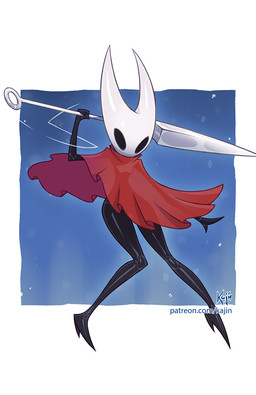 black_arms black_body black_exoskeleton black_hands black_legs blue_text cloak clothed clothing exoskeleton female geometric_background glistening glistening_legs high_heeled_feet holding_object holding_weapon hornet's_needle monotone_cloak red_cloak red_clothing simple_background text weapon white_head kajinman hollow_knight_(franchise) team_cherry hornet_(hollow_knight) arthropod hi_res url