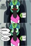 bathrobe beverage blush clothing coffee coffee_mug dialogue fangs female green_eyes hair_curlers horn pupils robe slit_pupils solo teeth text badumsquish friendship_is_magic hasbro my_little_pony queen_chrysalis_(mlp) arthropod changeling 2018 absurd_res comic english_text hi_res