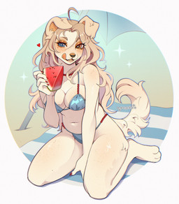 4_toes ahoge anthro barefoot bikini blonde_hair blue_bikini blue_clothing blue_swimwear breasts claws clothing feet female floppy_ears food freckled_face freckled_legs freckled_shoulders freckled_thighs freckles fruit hair heart_symbol heterochromia holding_food holding_fruit holding_melon holding_object holding_watermelon licking licking_lips long_hair looking_at_viewer markings medium_breasts melon mole_(marking) mole_on_breast navel open_mouth paws plant red_claws sitting solo swimwear tail toes tongue tongue_out two-piece_swimsuit watermelon cepto_(artist) canid canine canis domestic_dog mammal colored digital_drawing_(artwork) digital_media_(artwork) hi_res shaded