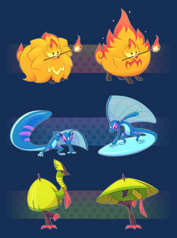 ambiguous_gender beak biped blue_body candy countershade_tail countershade_torso countershading dessert fake_evolution feral fire food fur green_body marshmallow mouth_hold orange_body orange_fur quadruped tail tongue tongue_out lichtdrachin fakemon nintendo pokemon pokemon_winds_and_waves avian browt canid canine gecqua generation_10_pokemon mammal pokemon_(species) pombon scalie 2026 absurd_res alpha_channel digital_drawing_(artwork) digital_media_(artwork) hi_res