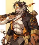 abs accessory anthro barazoku fangs headband male nipples open_mouth pecs solo striped_body stripes teeth yellow_eyes yellow_headband yed arknights hypergryph studio_montagne huai_tianpei_(arknights) felid mammal pantherine tiger absurd_res hi_res