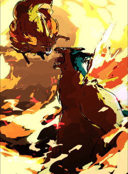 action_scene ambiguous_anthro ambiguous_gender anthro bared_teeth biped black_body cheek_tuft chest_tuft detailed_background dipstick_tail duo elemental_manipulation facial_tuft fight fire fire_manipulation front_view fur glowing glowing_eyes hip_tuft holding_object holding_stick inner_ear_fluff markings midair multicolored_body multicolored_fur nude_ambiguous nude_anthro open_mouth orange_body orange_eyes orange_fur orange_inner_ear_fluff orange_nose orange_tail_tip pointy_ears prick_ears side_view standing stick tail tail_markings tapering_snout teal_body teeth tongue tuft two_tone_tail white_body white_fur yellow_body yellow_fur yellow_tail tattanbu nintendo pokemon braixen canid generation_2_pokemon generation_6_pokemon mammal pokemon_(species) typhlosion 2016 colored colored_sketch digital_media_(artwork) digital_painting_(artwork) hi_res japanese_description painting_(artwork) shaded sketch translated_description