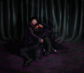 anthro arthropod_abdomen black_body black_fur black_hair blood blood_on_face blood_on_hand bodily_fluids boots clothed clothing detailed_background duo eyewear footwear fur glasses hair hand_on_hip hug male male/male red_eyes shoes simple_coloring wearing_glasses wings hazed01 ivan_the_terrible_and_his_son_ivan look_outside phillippe_(look_outside) sam_(look_outside) arthropod human insect lepidopteran mammal moth hi_res inspired_by_formal_art shaded simple_shading