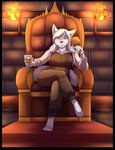 alcohol anthro beverage black_nose breasts chicken_legs chicken_meat clothed clothing crossed_legs female food fur hair looking_at_viewer meat smile smirk solo white_body white_fur white_hair ziggie13 sve_ulfrota canid canine canis mammal wolf digital_media_(artwork) hi_res shaded male_(lore)