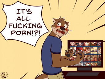 5_fingers anthro balls black_nose blush brown_body brown_fur butt clothed clothed_anthro clothed_male clothing computer electronics fangs fingers fur genitals humanoid_hands looking_at_viewer looking_back looking_back_at_viewer male male/male navel nipples nude nude_anthro nude_male penis profanity scared sex shirt tail teeth text tongue topwear whiskers ventkazemaru e621 echo_(game) echo_(series) echo_project chase_hunter leo_alvarez canid canine canis mammal mustelid otter red_wolf wolf english_text hi_res