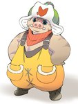 anthro belly brown_body brown_fur clothing cosplay fur hat headgear headwear kerchief male neckerchief neckwear overalls overweight pig_nose solo stitch_(sewing) tusks jinnta4014 capcom monster_hunter mammal suid suine sus_(pig) wild_boar hi_res