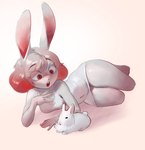 ambiguous_gender anthro breasts clothing dewlap_(anatomy) dress duo female feral fur hair lying multicolored_hair navel_outline on_side open_mouth red_eyes red_hair simple_background two_tone_hair white_body white_fur white_hair qupostuv35 ima_(imabunbun) lagomorph leporid mammal rabbit 2022 hi_res