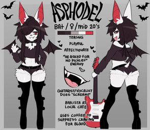 alternative_fashion anthro bat_wings belt boots bottomwear butt claws clothing collar cross cross_necklace cute_fangs electric_guitar emo fangs female footwear guitar high_boots high_heeled_boots high_heels hip_tuft hotpants inner_ear_fluff inverted_cross jewelry legwear membrane_(anatomy) membranous_wings musical_instrument necklace plucked_string_instrument red_eyes scene_haircut shoes shorts small_tail solo string_instrument tail teeth text thigh_boots thigh_highs tongue tuft white_body wings sataenart asphodel_(sataenart) bat mammal absurd_res english_text hi_res model_sheet