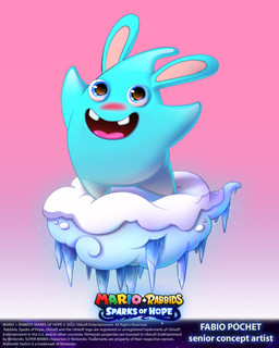 ambiguous_gender blue_body blue_eyes blue_skin blush buckteeth cloud copyright_symbol featureless_crotch featureless_limbs gradient_background ice icicle light long_ears looking_at_viewer no_eyebrows noseless nude_ambiguous open_mouth open_smile pink_background pink_tongue simple_background smile smiling_at_viewer snow solo standing standing_on_cloud symbol tan_inner_ear teeth text title tongue year fabio_pochet mario_bros mario_plus_rabbids_sparks_of_hope nintendo raving_rabbids rayman_(series) ubisoft cryogeddon spark_(mario_plus_rabbids) 2022 4:5 absurd_res artist_name colored crossover digital_drawing_(artwork) digital_media_(artwork) english_description english_text full-length_portrait hi_res lighting official_art portrait shaded