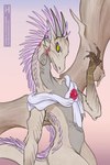 anthro brown_body female flower hair jewelry looking_at_viewer pink_hair plant scarf simple_background solo tail tan_body wings yellow_eyes hynvale european_mythology mythology dragon mythological_creature mythological_scalie scalie western_dragon hi_res