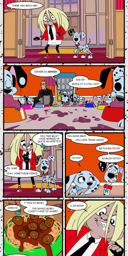 black_spots dialogue duo eating female feral food fur male pasta pet_food spaghetti speech_bubble spots text white_body white_fur redundantmodule 101_dalmatian_street 101_dalmatians disney alfred_bright d.j._(101_dalmatians) dawkins_(101_dalmatians) delilah_(101_dalmatians) dolly_(101_dalmatians) doug_(101_dalmatians) dylan_(101_dalmatians) hunter_de_vil canid canine canis dalmatian domestic_dog human mammal absurd_res comic english_text hi_res