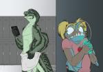 anthro clothed clothing duo female hair locker_room lure_(anatomy) male open_mouth sharp_teeth smile standing teeth towel regentshaw anglerfish eel fish marine moray_eel digital_media_(artwork) hi_res