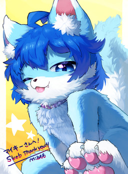 anthro blue_body blue_eyes blue_fur blue_hair cheeky chest_tuft claws collar fangs fluffy fox_tail fur hair inner_ear_fluff kemono looking_at_viewer male one_eye_closed pawpads paws solo teeth tongue tongue_out tuft wink winking_at_viewer benii_mo mikey_(mikey_fox) canid canine fox mammal absurd_res hi_res