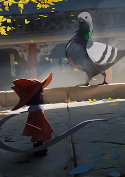 ambiguous_gender anthro blue_hair clothed clothing day detailed_background duo extreme_size_difference feral hair hat headgear headwear holding_object improvised_weapon leaf looking_at_another micro outside scarf size_difference standing street young shadches oneshot niko_(oneshot) avian bird columbid domestic_cat felid feline felis mammal pigeon 2024 absurd_res digital_media_(artwork) hi_res