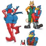 anthro ball_gag beak big_butt blush butt clothed clothing crossdressing duo erection footwear gag grinding high_heels legwear male male/male shoes simple_background smile teasing thick_thighs white_background hicanyoumooforme nintendo star_fox falco_lombardi fox_mccloud avian bird canid canine fox mammal 1:1 hi_res