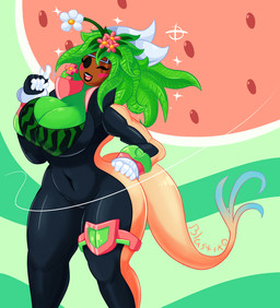 accessory big_breasts blush breasts cleavage clothed clothing curvy_figure eyewear female flower flower_(anatomy) food fruit goggles green_body green_hair green_skin hair hair_accessory head_flower huge_breasts leaf leaf_hair looking_at_viewer melon not_furry one_eye_closed plant plant_hair pseudo_hair simple_background skinsuit solo thick_thighs tight_clothing voluptuous watermelon wide_hips wink blastikq blaster_master kanna_(blaster_master) elemental_creature elemental_humanoid flora_fauna humanoid plant_humanoid 2019 hi_res