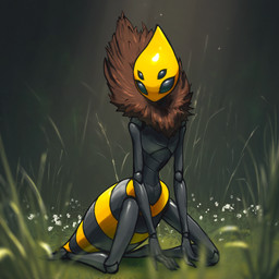 4_eyes 4_fingers anthro arthropod_abdomen biped black_body day eyelashes female fingers flower grass multi_eye neck_tuft outside plant solo text tuft yellow_body tohjoma hollow_knight_(franchise) team_cherry queen_vespa_(hollow_knight) arthropod bee hymenopteran insect 1:1 2025 artist_name english_text