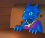 anthro blue_body blue_eyes blue_sclera clothed clothing female inside jewelry necklace solo slinkoboy lolori kobold scalie