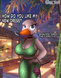 abstract_background anthro beak big_breasts blue_eyes breasts cheek_tuft clothing collarbone dress facial_tuft female green_clothing green_dress mary-anne midriff non-mammal_breasts purse smile solo tail text tuft white_body cosmonaut anatid anseriform avian bird duck english_text hi_res