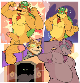 anthro belly big_penis clothing duo erection facial_hair flexing flexing_bicep flexing_both_biceps genitals glans goatee green_eyes hair hat headgear headwear horn humanoid_genitalia humanoid_penis luigi_hat male male/male musclegut muscular muscular_male mustache overweight overweight_anthro overweight_male penis red_facial_hair red_goatee red_hair smile vein veiny_penis whiskers kolemus mario_bros nintendo star_fox bowser fox_mccloud canid canine fox koopa mammal reptile scalie absurd_res comic hi_res