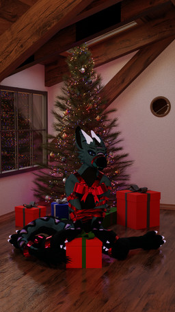 ambiguous_gender anthro blue_body blue_fur bound bow_tie box christmas_decorations christmas_lights christmas_tree container fur gift gift_box gift_wrapped holidays horn looking_at_viewer plant ribbon_gag sitting solo tongue tongue_out tree wrapped wrapped_arms wrapped_legs kikiro christmas mythology kikiro_(kikiro) dragon furred_dragon furred_scalie moonfang mythological_creature mythological_scalie scalie 3d_(artwork) 4k 9:16 absurd_res digital_media_(artwork) hi_res