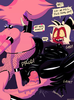big_penis butt butt_grab clothing collar dialogue genitals glistening grope hand_on_butt imminent_anal imminent_sex latex latex_clothing latex_skinsuit makeup male male/male penile penis simple_background skinsuit spiked_collar spikes talking_to_another talking_to_partner text tight_clothing worried dracreloaded hazbin_hotel hellaverse helluva_boss angel_dust moxxie_(helluva_boss) animal_humanoid arachnid arachnid_humanoid arthropod arthropod_humanoid demon humanoid imp spider_humanoid absurd_res english_description english_text hi_res