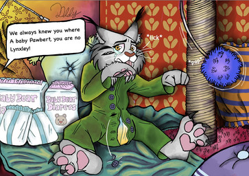 abdl artists:dddyoma bodily_fluids clothing degradation diaper diaper_fetish genital_fluids humiliation_fetish male onesie pillow soiled_diaper solo text unclean_diaper urine used_diaper using_diaper wet_diaper wetting wetting_diaper dddyoma disney zootopia pawbert_lynxley canada_lynx felid feline lynx mammal english_text