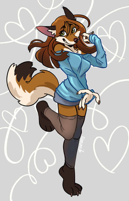 anthro bottomwear clothing female green_eyes hair inner_ear_fluff leggings legwear looking_at_viewer shirt skirt smile solo topwear tuft foxburrito canid canine fox mammal hi_res