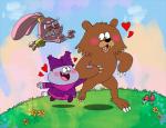 angry anthro attack blush brown_body brown_fur female fur group heart_symbol humor male pounce smile young jugend cartoon_network chowder_(series) chowder panini_(chowder) pedobear bear domestic_cat felid feline felis hybrid lagomorph leporid mammal rabbit meme