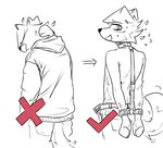 anthro belt black_line_art bodily_fluids bottomwear bound cheek_tuft clothed clothing collar facial_tuft fingers floppy_ears fully_clothed fur hands_tied hands_tied_behind_back hoodie looking_at_viewer looking_back looking_back_at_viewer male open_mouth open_smile pants simple_background smile snout solo standing sweat sweatdrop sweatdrop_(iconography) tail tail_motion tailwag topless topwear tuft white_background winterfrost winterfrost_(winterfrost) canid canine canis domestic_dog mammal 2025 digital_media_(artwork) hi_res spot_color