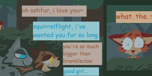 brown_body brown_fur detailed_background dialogue female feral feral_on_feral forest fur good_girl grey_body grey_fur group male male/female narrowed_eyes offscreen_sex orange_body orange_fur plant shrub smile text tree trio demensa warriors_(book_series) ashfur_(thunderclan) leafpool_(warriors) squirrelstar_(warriors) domestic_cat felid feline felis mammal 2024 absurd_res comic english_text hi_res