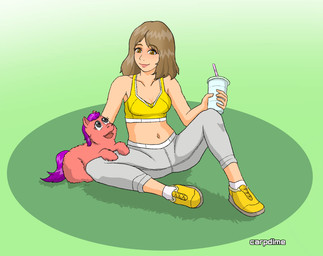 ambiguous_feral ambiguous_gender beverage bottomwear bra brown_eyes brown_hair clothed clothed_human clothing container cup disposable_cup drinking_straw duo exposed_belly eye_contact eyelashes female female_human feral footwear fully_clothed fully_clothed_human fur gradient_background grey_bottomwear grey_clothing grey_eyes grey_pants hair holding_beverage holding_container holding_cup holding_object human_focus light_body light_skin looking_at_another midriff mouth_closed navel open_mouth pants pink_body pink_fur purple_hair purple_tail shoes simple_background sitting smile socks sports_bra tail text underwear white_clothing white_footwear white_socks yellow_clothing yellow_footwear yellow_shoes carpdime fluffy_pony fluffy_pony_(species) human mammal artist_name digital_media_(artwork) hi_res shaded