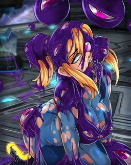 1_eye blonde_hair blue_eyes bodysuit clothed clothing corruption female fully_clothed glowing glowing_eyes goo_transformation group hair interspecies male male/female mid_transformation mouth_play multi_eye open_mouth ponytail possession purple_goo skinsuit slim slime tight_clothing tongue tongue_out torn_clothing transformation zero_suit reliusmax metroid nintendo kuromaru samus_aran alien goo_creature human mammal monster absurd_res crossover digital_media_(artwork) hi_res