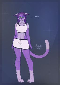 anthro bottomwear breasts bruh clothing curvy_figure digitigrade ears_down female fur green_eyes hair pivoted_ears purple_body purple_fur purple_hair shirt shorts simple_background solo tail tank_top topwear unimpressed white_clothing azurgyn domestic_cat felid feline felis mammal digital_media_(artwork) hi_res signature