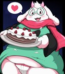 anthro belly big_belly blush cake clothing dessert eyewear food glasses heart_symbol kemono male muffin_top open_mouth overweight overweight_anthro overweight_male scarf solo underwear kusosensei deltarune undertale_(series) ralsei bovid caprine goat mammal 2025 hi_res