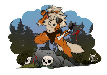 4_toes 5_fingers anthro anthrofied areola arm_tuft armor athletic athletic_anthro athletic_female axe barefoot black_areola black_nipples black_nose black_stripes blood blood_on_face blood_on_ground blood_on_hand blood_on_weapon bodily_fluids bone bottomwear bracers breasts claws clothed clothing elbow_tuft feet female fingers forest fur hair holding_axe holding_object holding_weapon jewelry licking licking_blood loincloth looking_at_viewer melee_weapon multicolored_body multicolored_fur muscular muscular_anthro muscular_female navel necklace nipples open_mouth orange_body orange_fur outside partially_clothed pawpads paws plant pokemorph rock self_lick shoulder_pads skull solo standing step_pose striped_body striped_fur stripes tan_body tan_fur teeth toe_claws toes tongue tongue_out tooth_necklace topless topless_female tree tuft two_tone_body two_tone_fur viking warrior weapon azaleesh nintendo pokemon ragna_flamedottir arcanine generation_1_pokemon pokemon_(species) 2020 digital_media_(artwork)