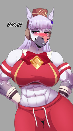 abs anthro bottomwear bow_ribbon camel_toe clothed clothing crop_top eyebrows female fur gloves hair handwear light_body light_skin long_hair looking_at_viewer midriff muscular muscular_anthro muscular_female pants purple_hair raised_eyebrow red_eyes ribbons shirt sweatband sweatpants topwear white_body white_fur sly_shadex cygames uma_musume_pretty_derby gold_ship_(pretty_derby) equid equine mammal hi_res