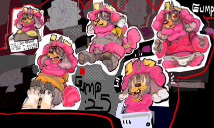abstract_background anthro antlers arms_tied balls bound clothing dialogue eyewear feet fur genitals glasses gynomorph hooves horn intersex laugh penis penis_tip pink_body pink_fur pregnant pubes question shirt shocked solo speech_bubble tail tickle_fetish tickling tickling_feet topwear underwear unicorn_horn wearing_glasses yellow_clothing yellow_shirt yellow_topwear guddlegump sadie_gump_(pink_gump) alpaca camelid hybrid mammal 2025 digital_drawing_(artwork) digital_media_(artwork) hi_res multiple_scenes signature