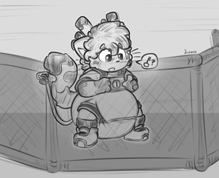 anthro bdsm bondage bound daycare diaper harness leash lock male solo tether tethered young young_male ludis-luteo calico_cat domestic_cat felid feline felis humanoid mammal absurd_res hi_res monochrome