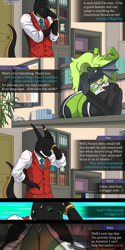 anthro areola badge big_areola big_breasts big_nipples bodily_fluids book bookshelf bracelet breast_focus breasts chair clothing desk dialogue dialogue_box door duo elbows_on_desk electronics embarrassed erect_nipples female flustered furniture furniture_lamp hands_together hands_together_elbows_apart holding_head houseplant huge_areola jewelry logo male motion_lines nipples nipples_visible_through_clothing office office_chair on_chair phone scales scaly_tail sitting sitting_on_chair standing suit sweat sweatdrop table tail text thinking_pose window worried knockedoutdragon ace_attorney capcom european_mythology mythology apollo_justice kaya_(knockedoutdragon) mia_fey neo_(phoenix777) dragon mythological_creature mythological_scalie scalie western_dragon artist_logo cel_shading comic english_text hi_res shaded watermark