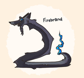 alternate_species beard black_body black_fur blue_eyes facial_hair feral fire flaming_tail fur grey_body grey_fur male smile solo tail ponporio last_love would_you_still_love_me_if_i_was_a_worm_(meme) firebrand_humilde annelid bristle_worm canid canine fox mammal worm