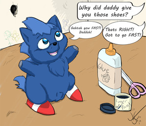 animal_genitalia baby_talk balls black_nose blue_body blue_eyes blue_fur blue_hair blue_tail chest_tuft clothing dialogue drawing_on_wall feral footwear fur genitals glue hair looking_up male male_feral monotone_body monotone_fur offscreen_character on_hind_legs open_mouth red_clothing red_footwear red_shoes scissors sheath shoes smile solo speech_bubble tail teeth text tuft young young_feral young_male wetfluff fluffy_pony sega sonic_the_hedgehog_(series) sonic_the_hedgehog fluffy_pony_(species) mammal digital_media_(artwork) english_description english_text shaded signature