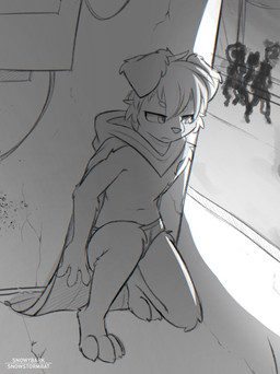 alley anthro briefs cloak clothed clothing kemono kneeling male pantsless paws street topless underwear snowybark snowdrift_(snowstormbat) canid canine mammal hi_res sketch