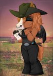 anthro ccowgirl eyebrow_piercing facial_piercing female nose_piercing nose_ring piercing plant pose ring_piercing septum_piercing septum_ring solo text toony western thehuntingwolf bree equid equine horse mammal english_text hi_res pinup