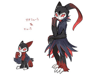 ambiguous_gender anthro biped black_body black_fur claws closed_smile duo empty_eyes finger_claws fur grey_body grey_fur mouth_closed red_body red_eyes red_fur simple_background smile standing text toe_claws white_background aaasakawa hollow_knight_(franchise) nintendo pokemon team_cherry grimm_(hollow_knight) grimmchild_(hollow_knight) generation_8_pokemon hisuian_form hisuian_sneasel pokemon_(species) regional_form_(pokemon) sneasler 2026 crossover hi_res