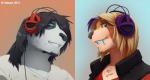 anthro duo electronics eye_contact fangs female headphones looking_at_another male sabertooth_(anatomy) teeth stoopix violet_(pnkng) bear felid giant_panda mammal prehistoric_species saber-toothed_tiger 2012