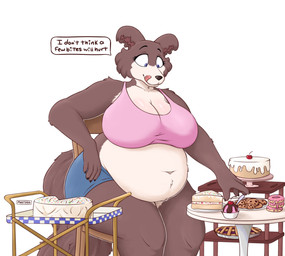 anthro belly big_breasts big_butt breasts brown_body butt eating eating_food female lying male on_front overweight overweight_female sitting solo squish text thigh_squish tongue mestysa beastars juno_(beastars) canid canine canis mammal wolf 2026 absurd_res hi_res